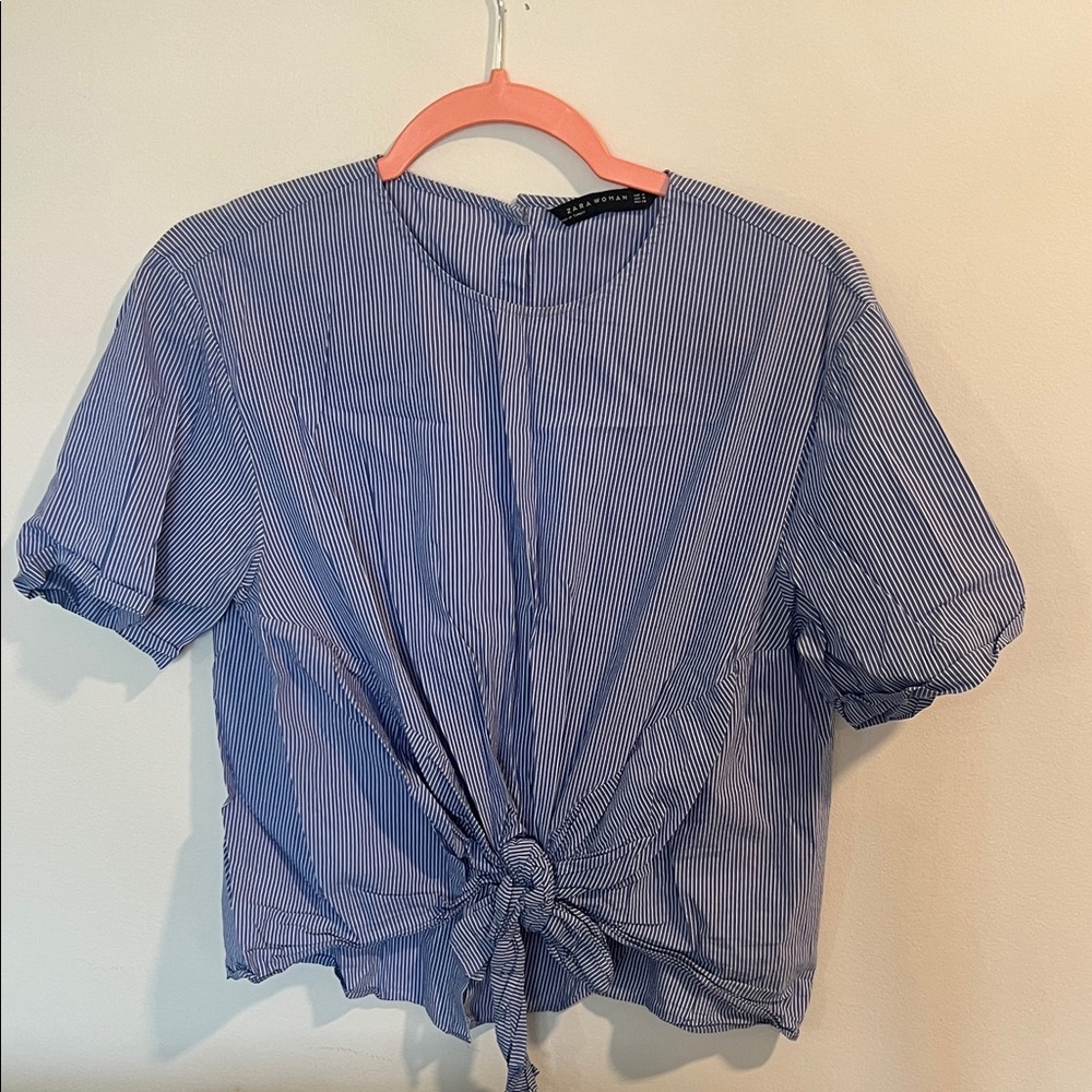 Zara Blue White Pinstripe Tie-Front Crop Top